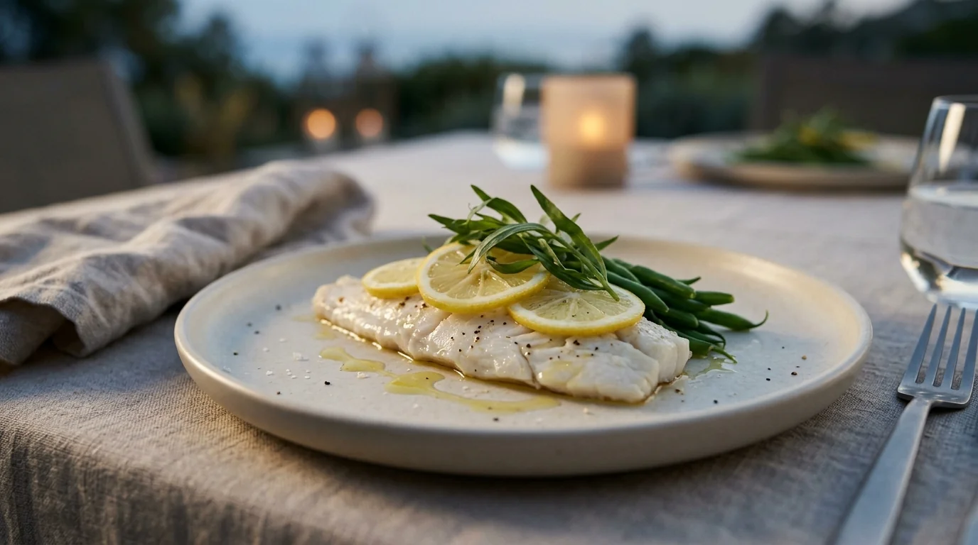 Filete de pescado blanco al limón y finas hierbas con ejotes tiernos