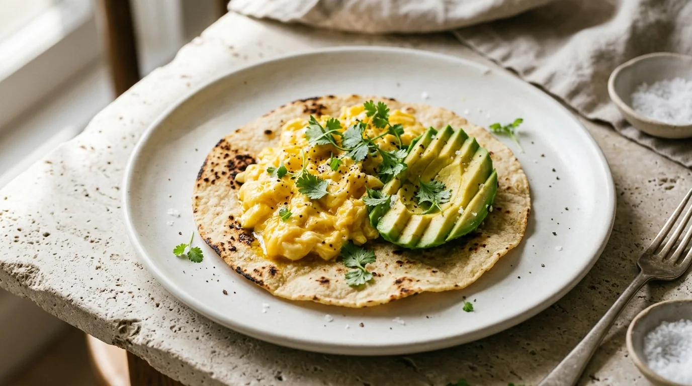 Tortilla artesanal sin gluten con huevos cremosos, aguacate y cilantro fresco